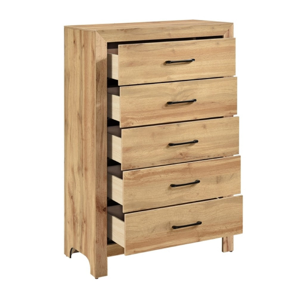 Benjara Eby Tall Dresser Chest, 5 Drawers, Black Nickel Handles, Natural Brown