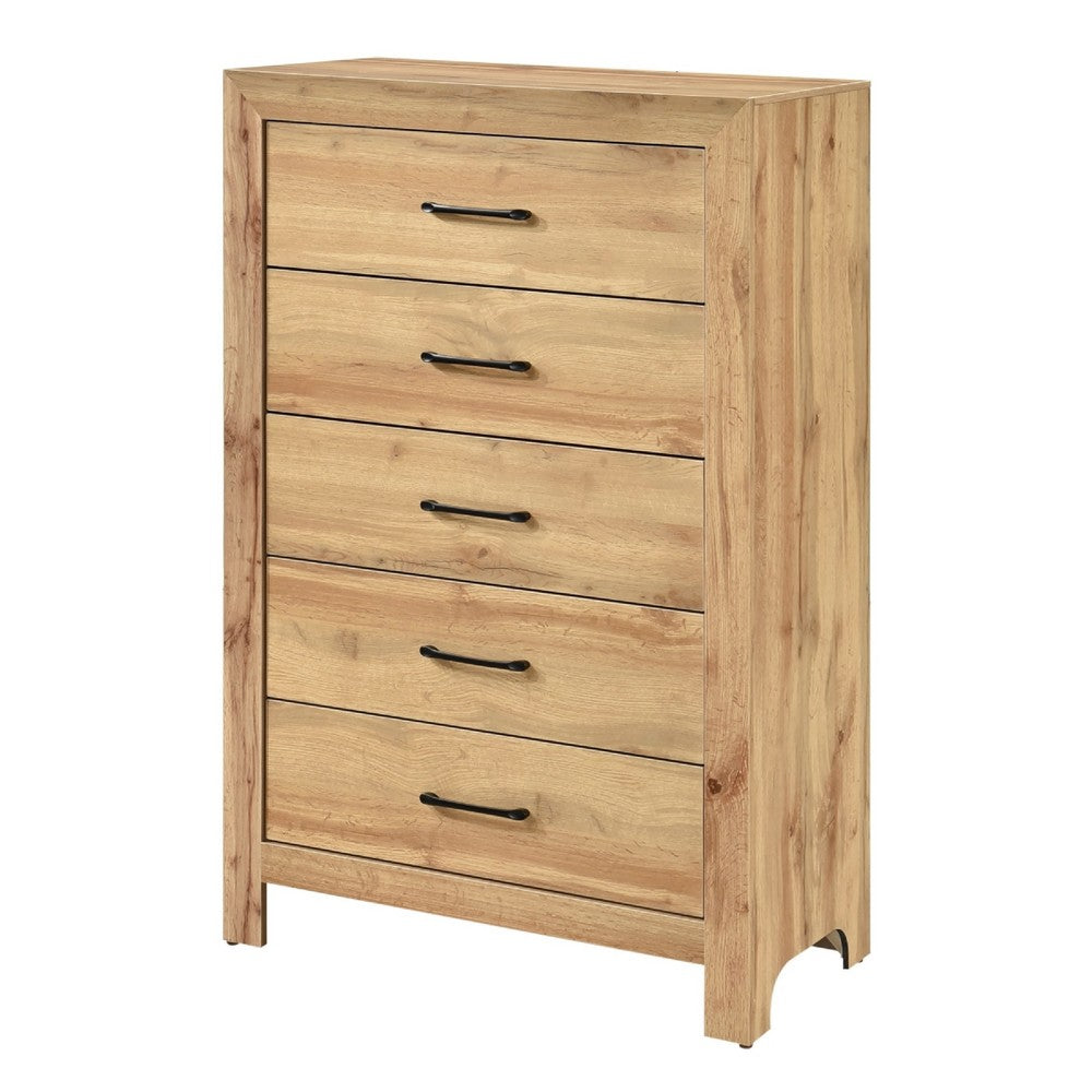 Benjara Eby Tall Dresser Chest, 5 Drawers, Black Nickel Handles, Natural Brown