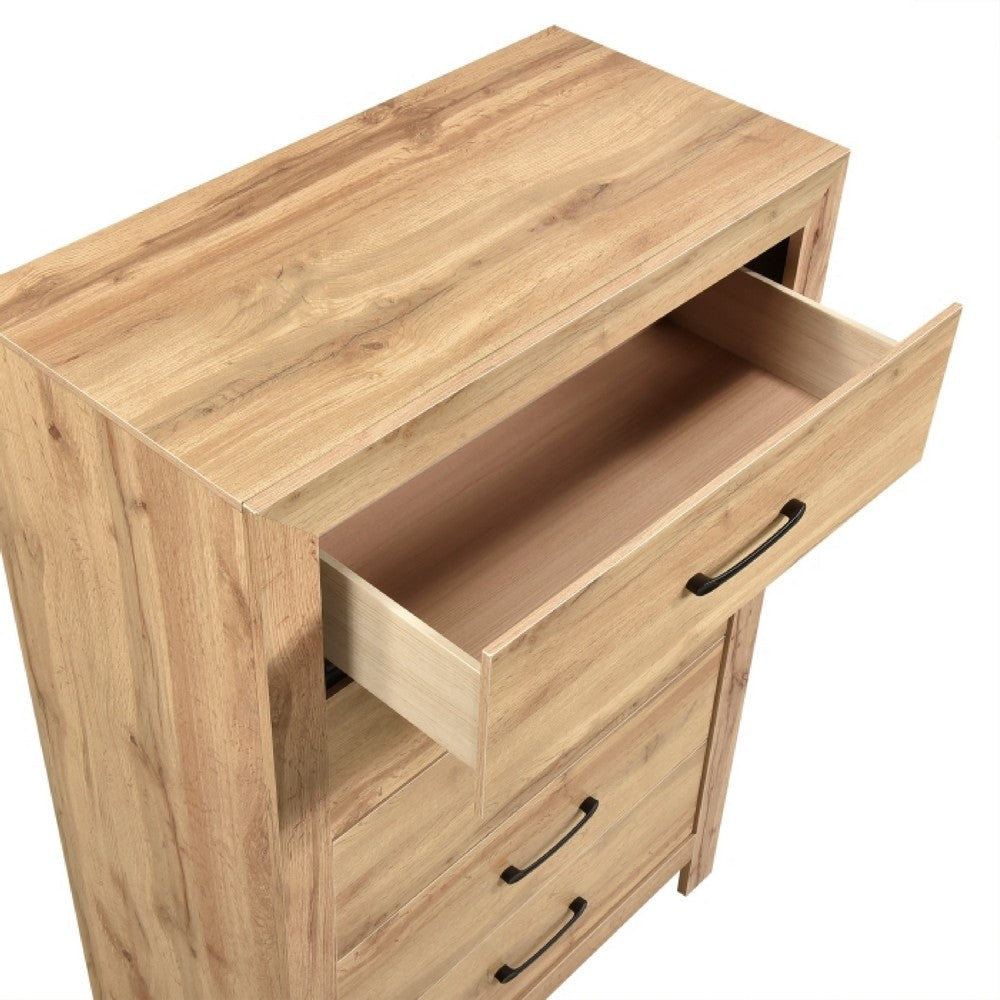 Benjara Eby Tall Dresser Chest, 5 Drawers, Black Nickel Handles, Natural Brown
