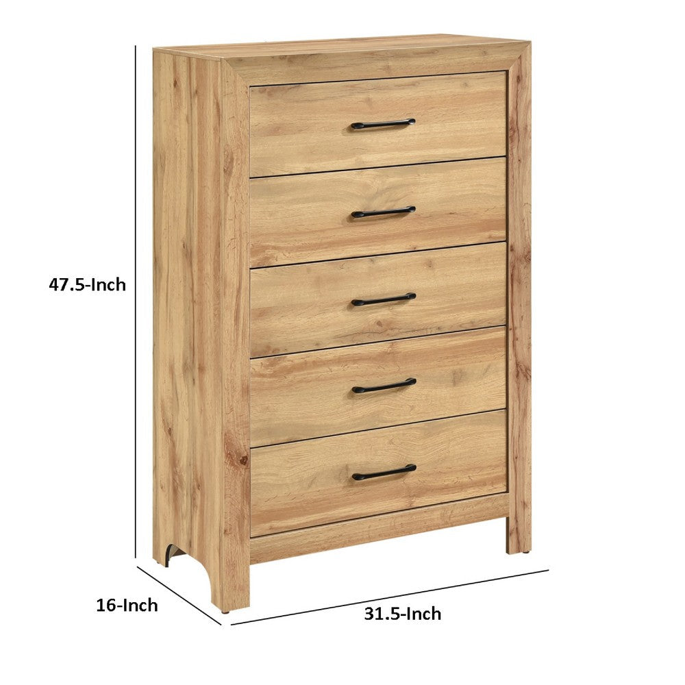 Benjara Eby Tall Dresser Chest, 5 Drawers, Black Nickel Handles, Natural Brown