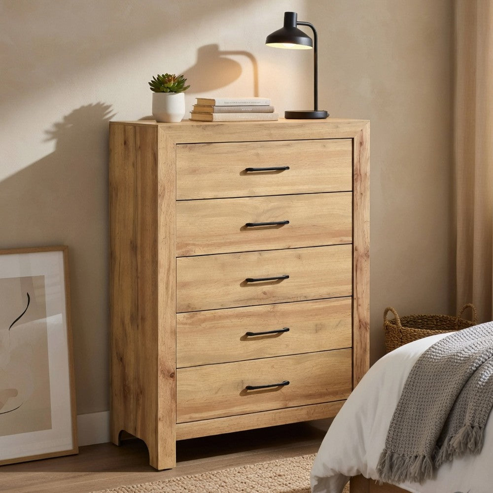 Benjara Eby Tall Dresser Chest, 5 Drawers, Black Nickel Handles, Natural Brown