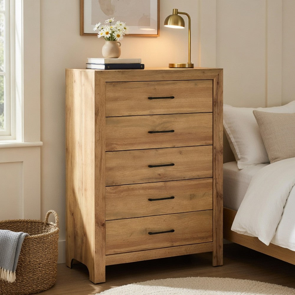 Benjara Eby Tall Dresser Chest, 5 Drawers, Black Nickel Handles, Natural Brown