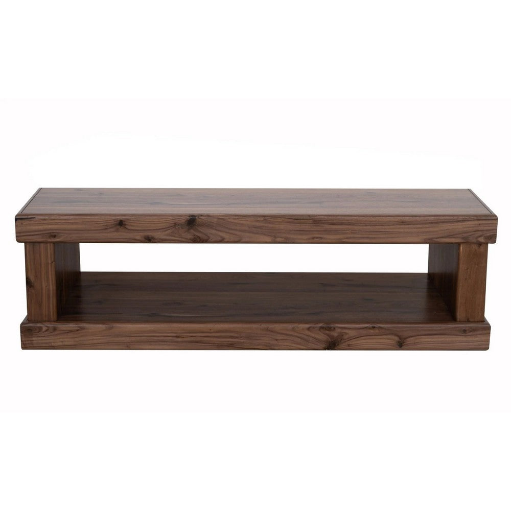 Benjara Kima Entryway Bench, Open Lower Shelf, 60 Inch Walnut Brown Wood