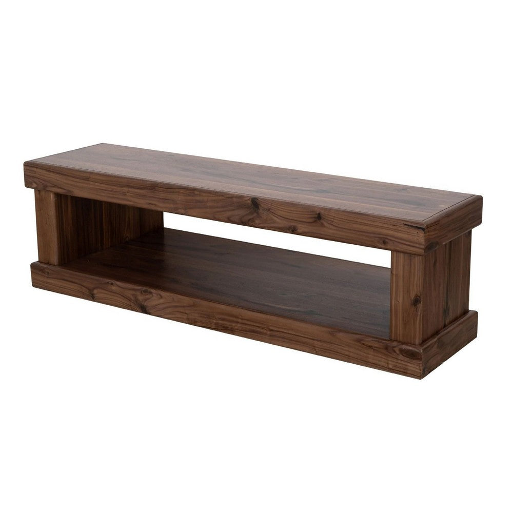 Benjara Kima Entryway Bench, Open Lower Shelf, 60 Inch Walnut Brown Wood