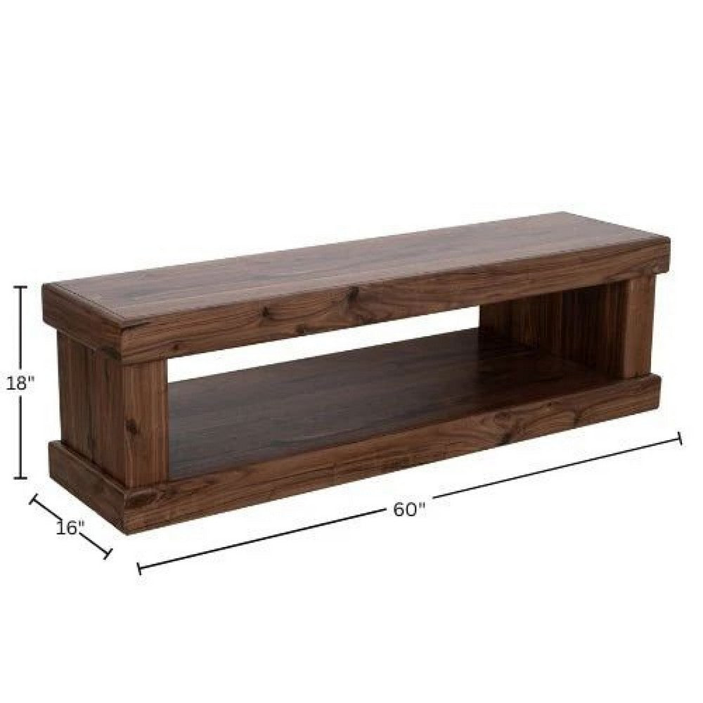 Benjara Kima Entryway Bench, Open Lower Shelf, 60 Inch Walnut Brown Wood