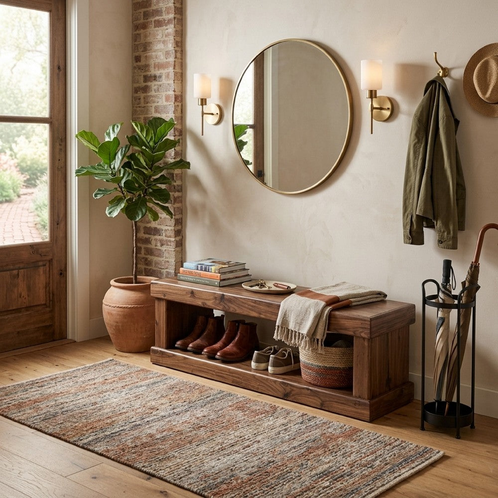 Benjara Kima Entryway Bench, Open Lower Shelf, 60 Inch Walnut Brown Wood