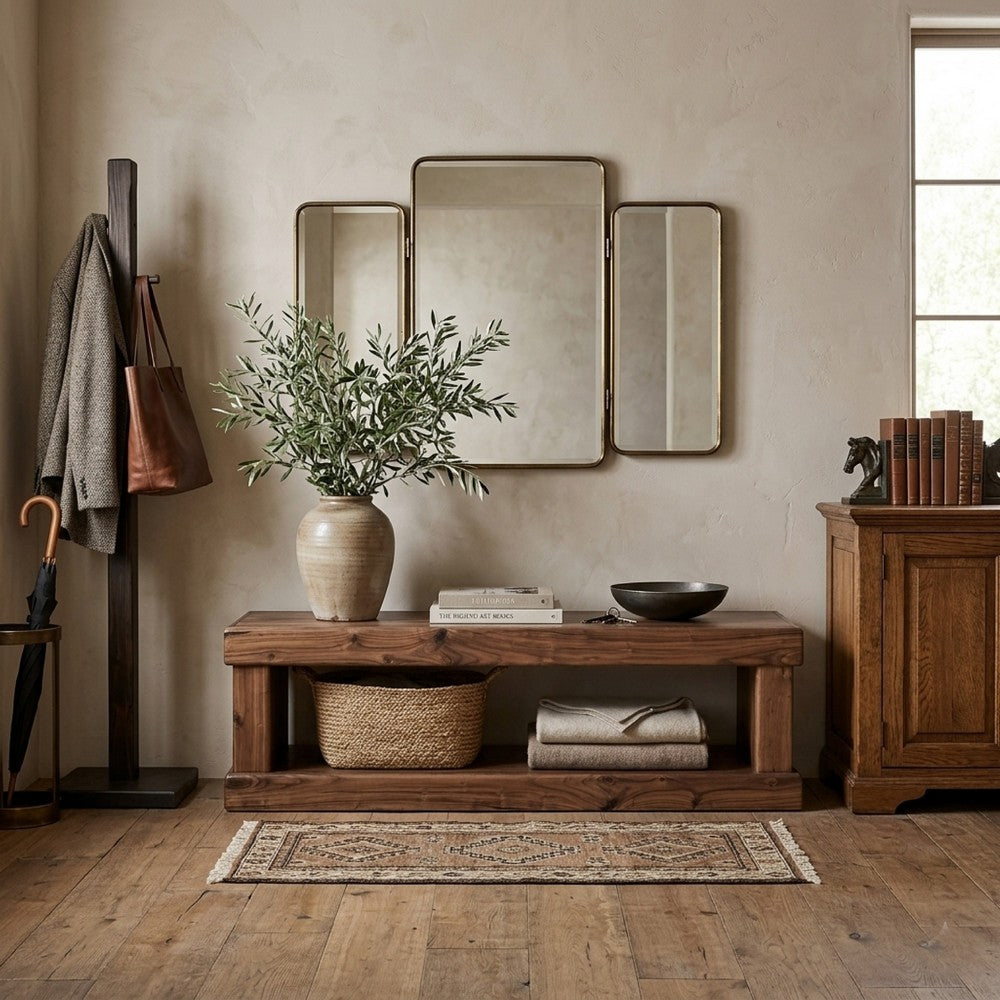 Benjara Kima Entryway Bench, Open Lower Shelf, 60 Inch Walnut Brown Wood