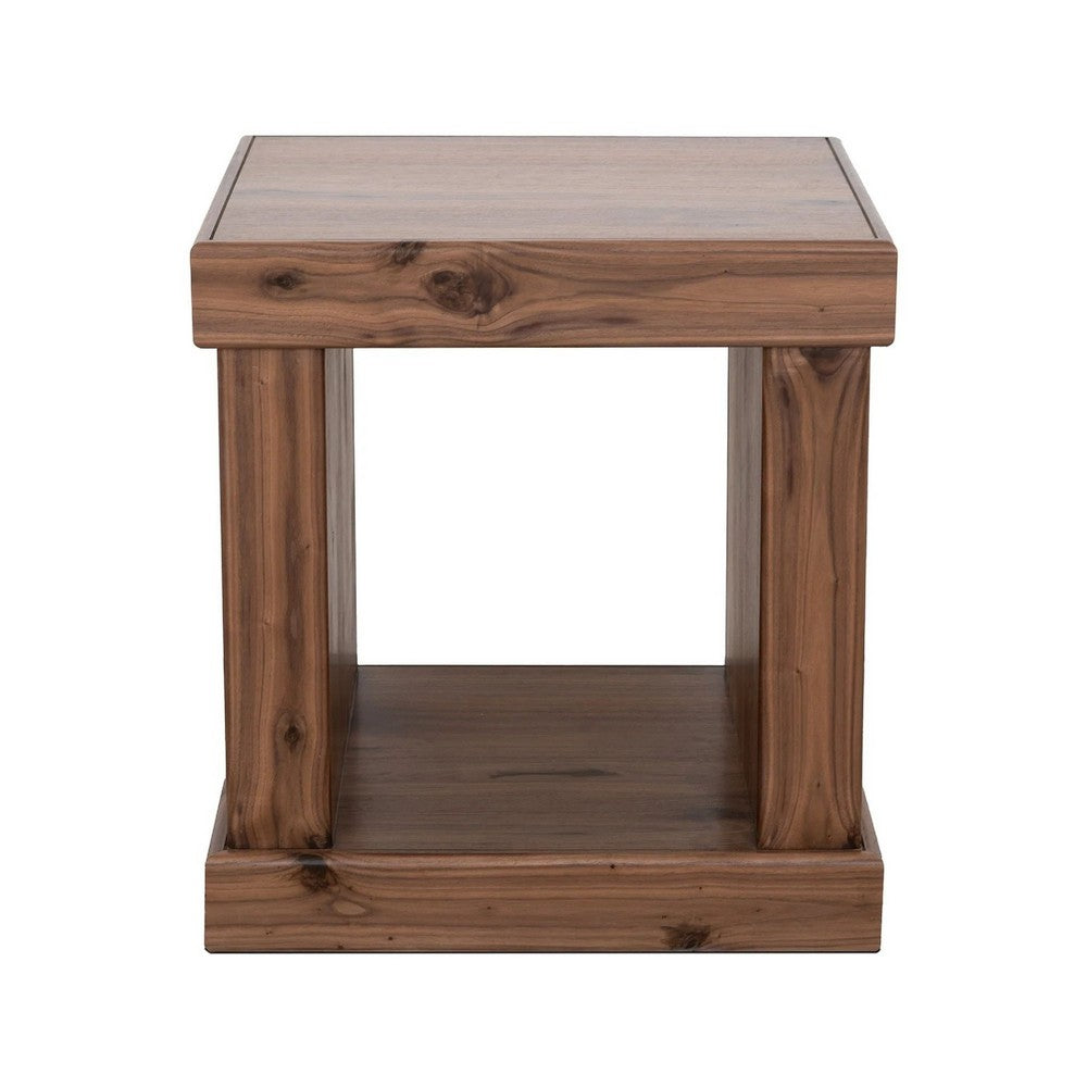 Benjara Kima Side End Table, 25 Inch Square Top with Lower Shelf, Walnut Brown
