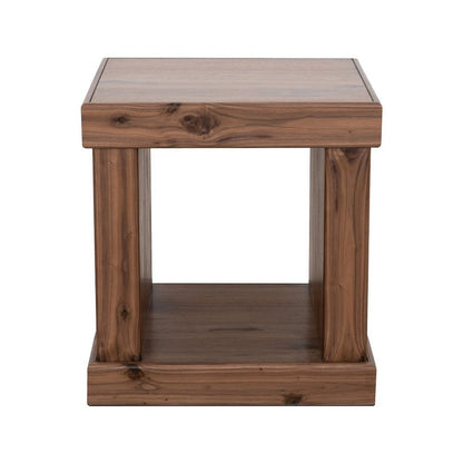Benjara Kima Side End Table, 25 Inch Square Top with Lower Shelf, Walnut Brown