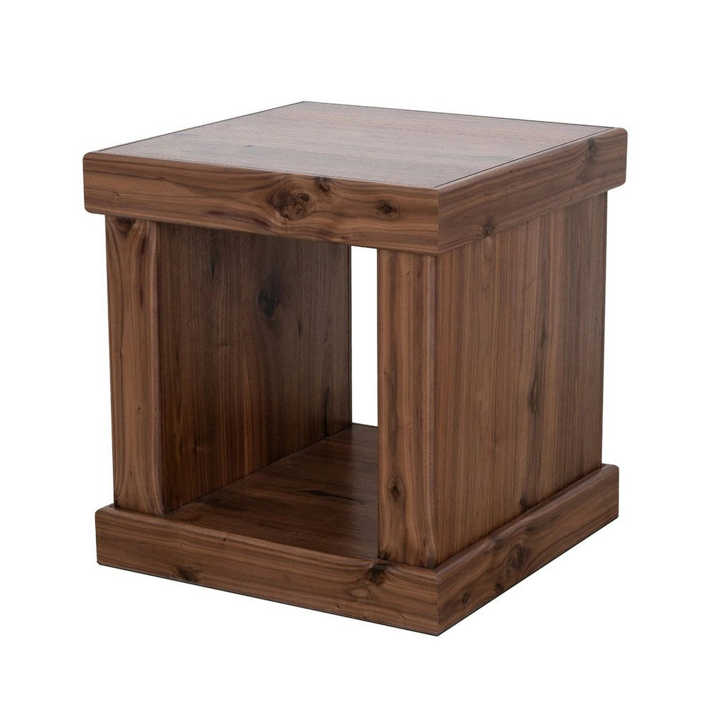 Benjara Kima Side End Table, 25 Inch Square Top with Lower Shelf, Walnut Brown