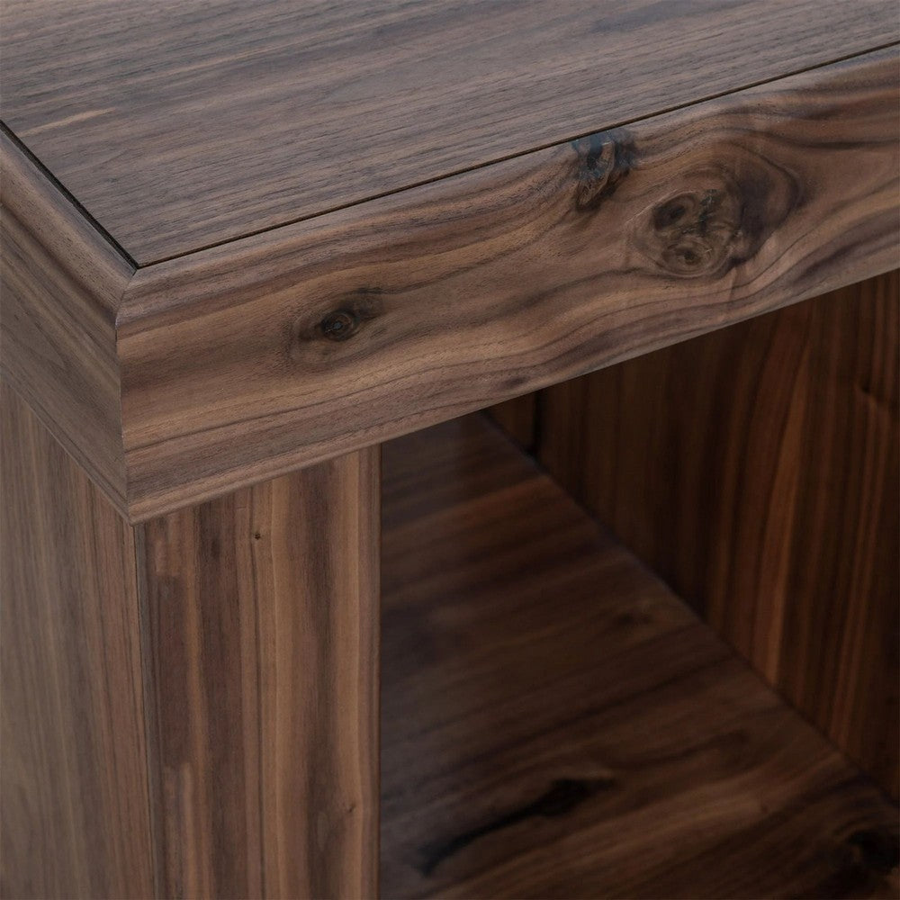 Benjara Kima Side End Table, 25 Inch Square Top with Lower Shelf, Walnut Brown