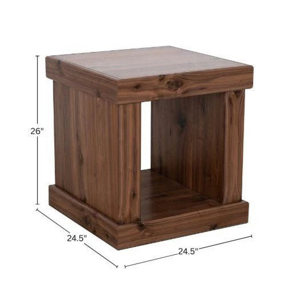 Benjara Kima Side End Table, 25 Inch Square Top with Lower Shelf, Walnut Brown
