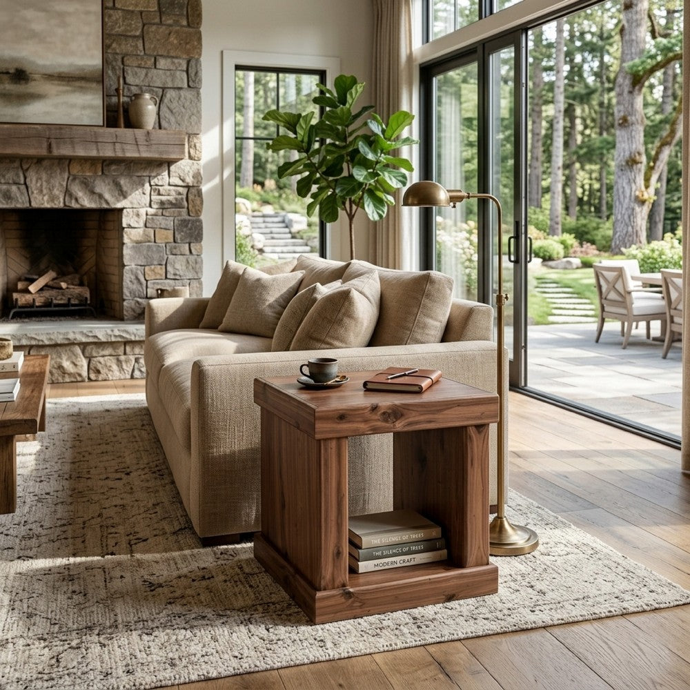 Benjara Kima Side End Table, 25 Inch Square Top with Lower Shelf, Walnut Brown