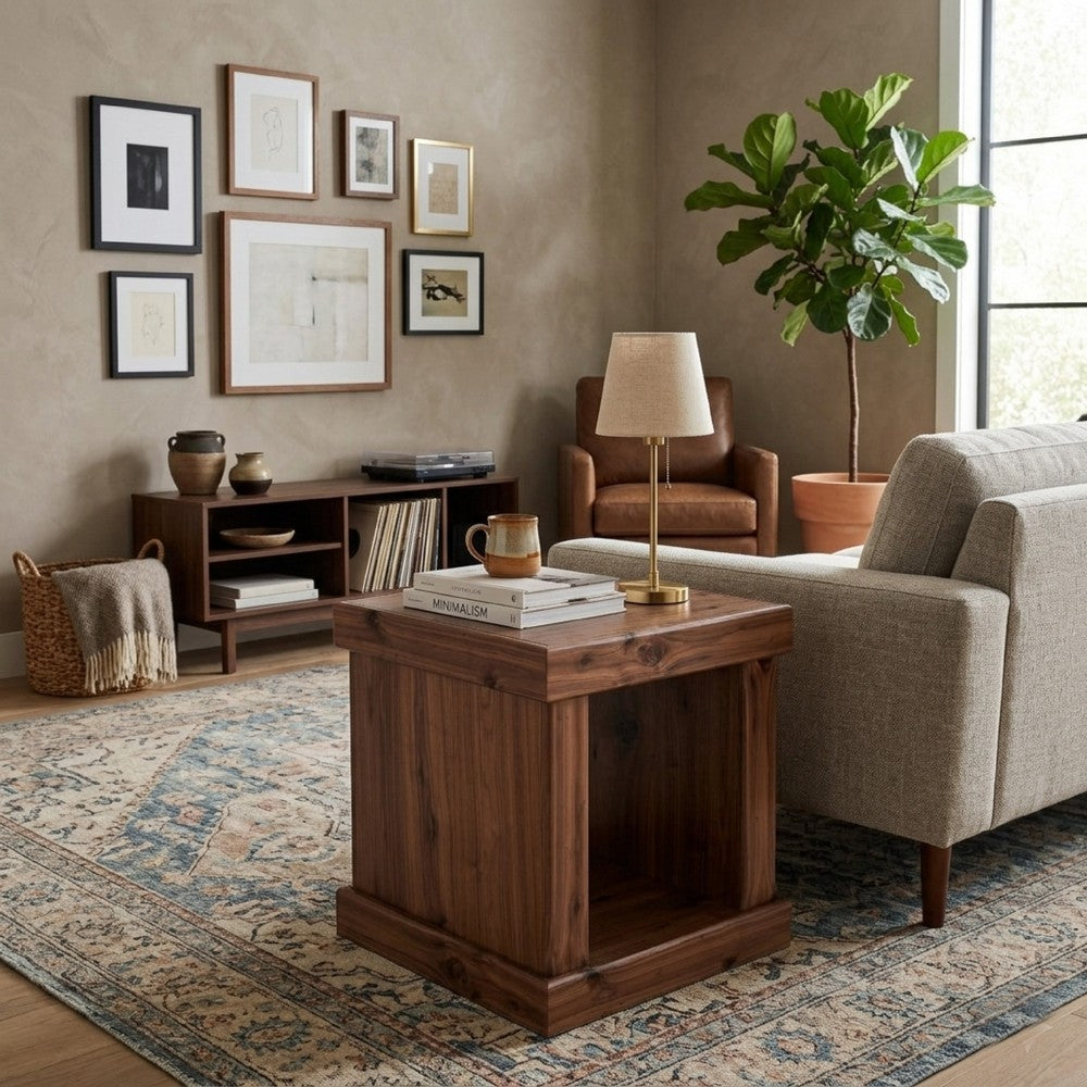 Benjara Kima Side End Table, 25 Inch Square Top with Lower Shelf, Walnut Brown