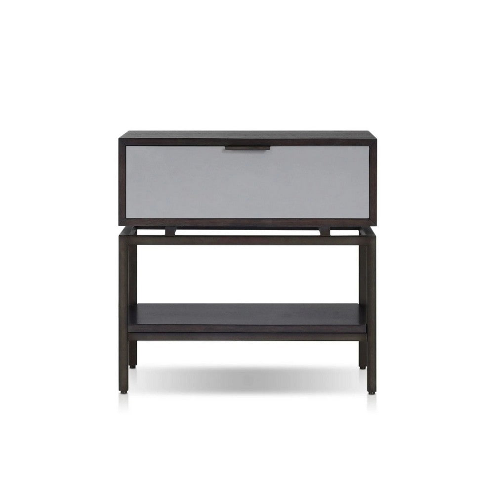 Benjara Kina Bedside Nightstand, 1 Drawer And Open Shelf, Espresso Gray Wood