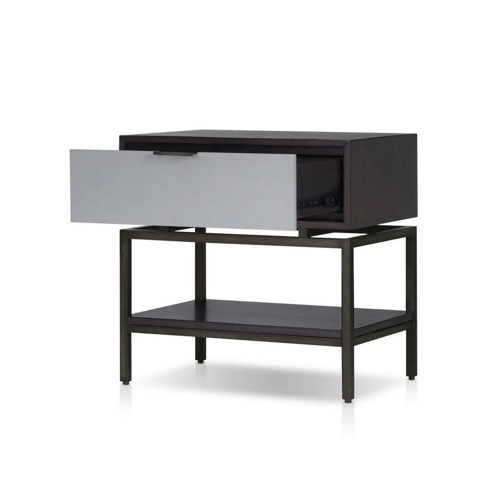 Benjara Kina Bedside Nightstand, 1 Drawer And Open Shelf, Espresso Gray Wood