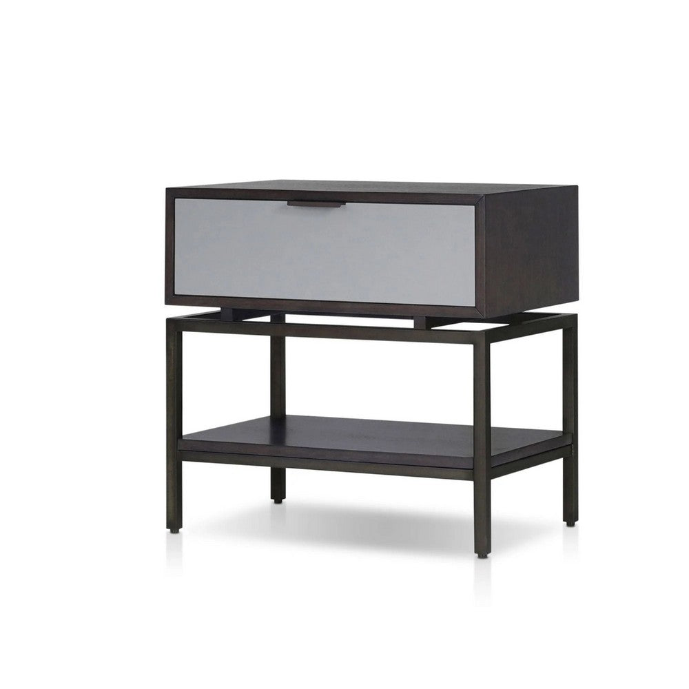 Benjara Kina Bedside Nightstand, 1 Drawer And Open Shelf, Espresso Gray Wood
