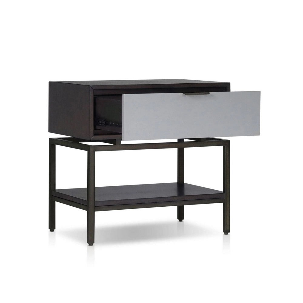 Benjara Kina Bedside Nightstand, 1 Drawer And Open Shelf, Espresso Gray Wood
