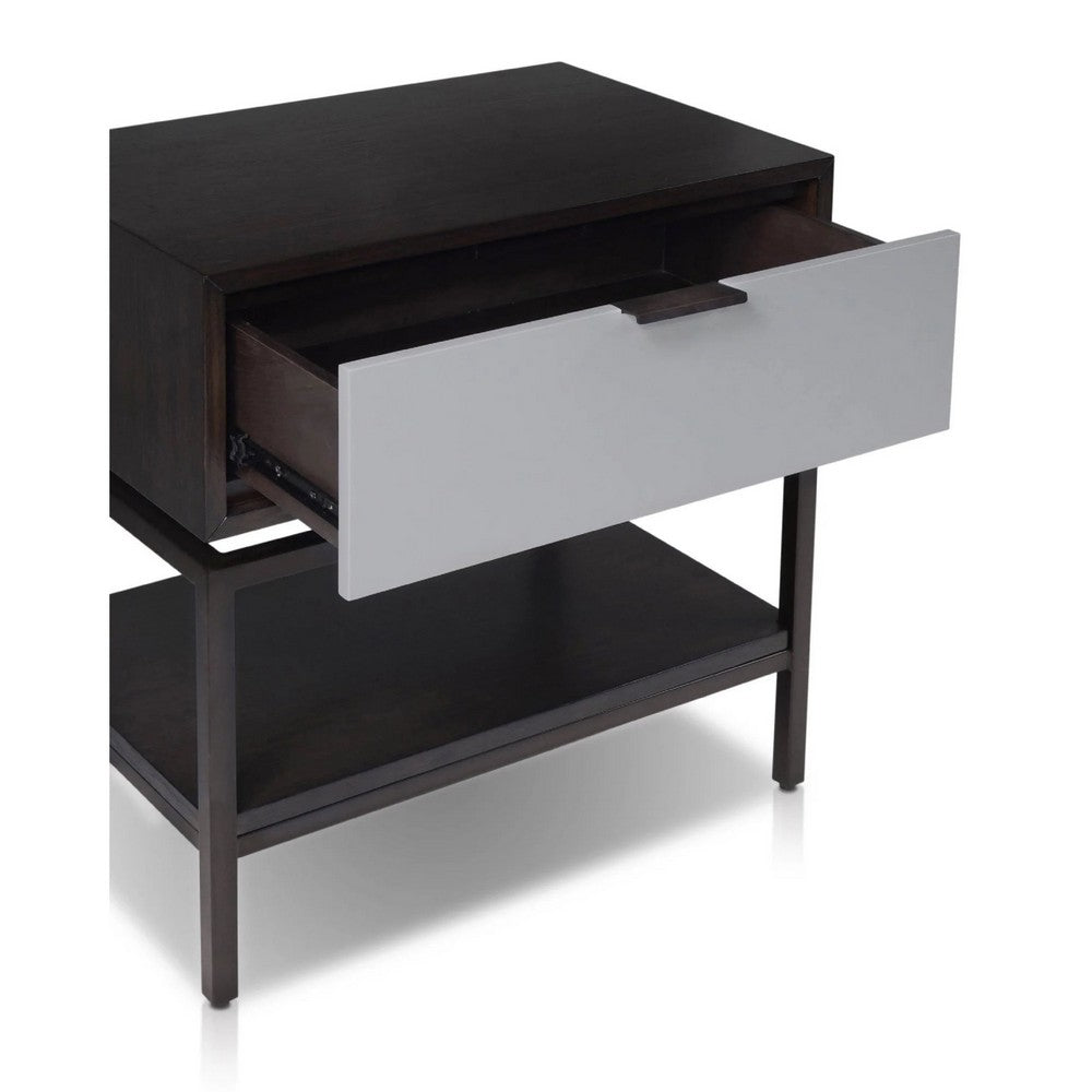 Benjara Kina Bedside Nightstand, 1 Drawer And Open Shelf, Espresso Gray Wood