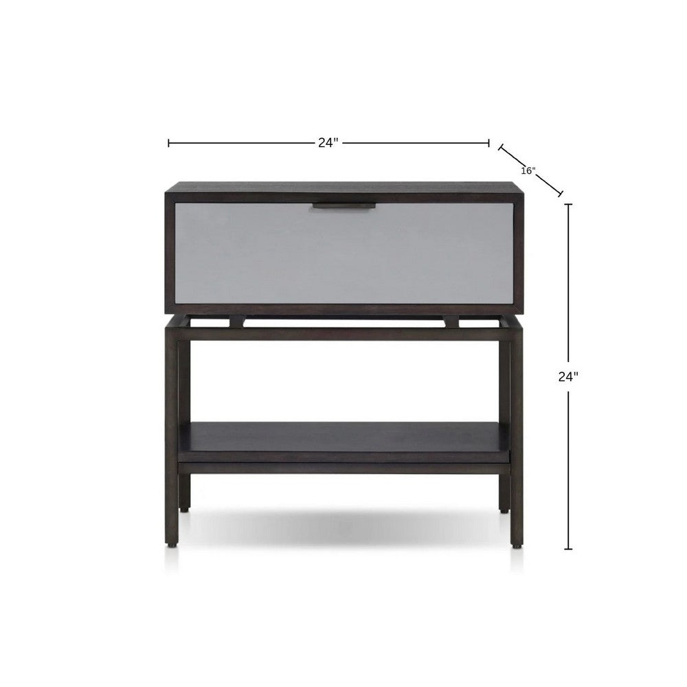 Benjara Kina Bedside Nightstand, 1 Drawer And Open Shelf, Espresso Gray Wood