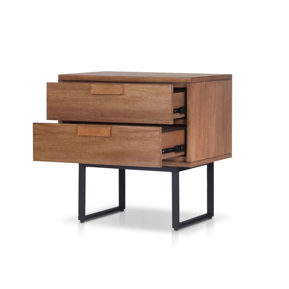 Benjara Pio Bedside Nightstand, 2 Drawers, Chestnut Brown, Gray Metal Legs