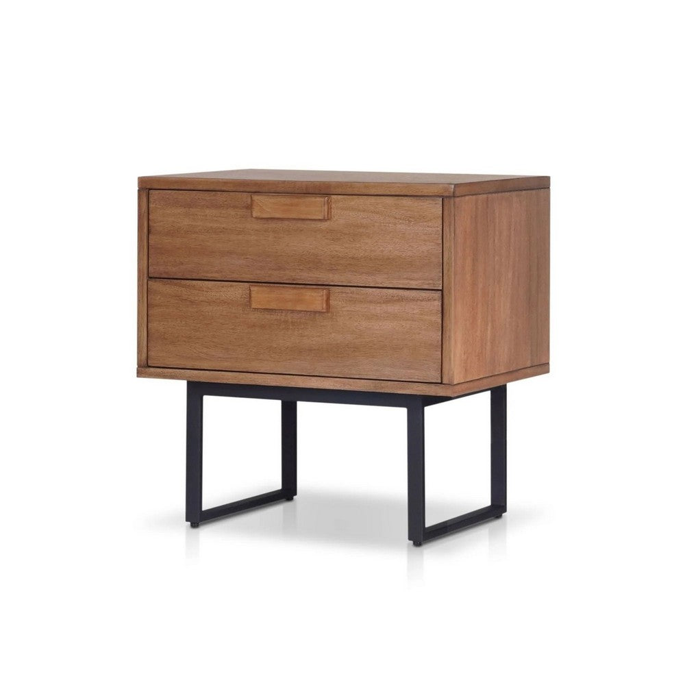 Benjara Pio Bedside Nightstand, 2 Drawers, Chestnut Brown, Gray Metal Legs