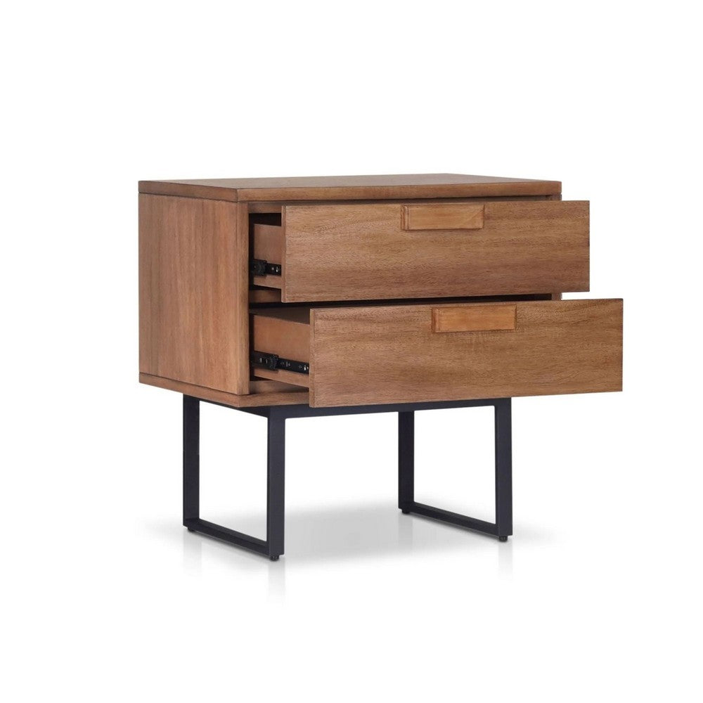 Benjara Pio Bedside Nightstand, 2 Drawers, Chestnut Brown, Gray Metal Legs