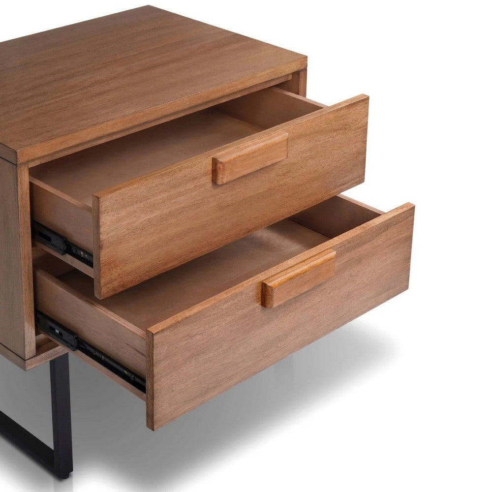 Benjara Pio Bedside Nightstand, 2 Drawers, Chestnut Brown, Gray Metal Legs
