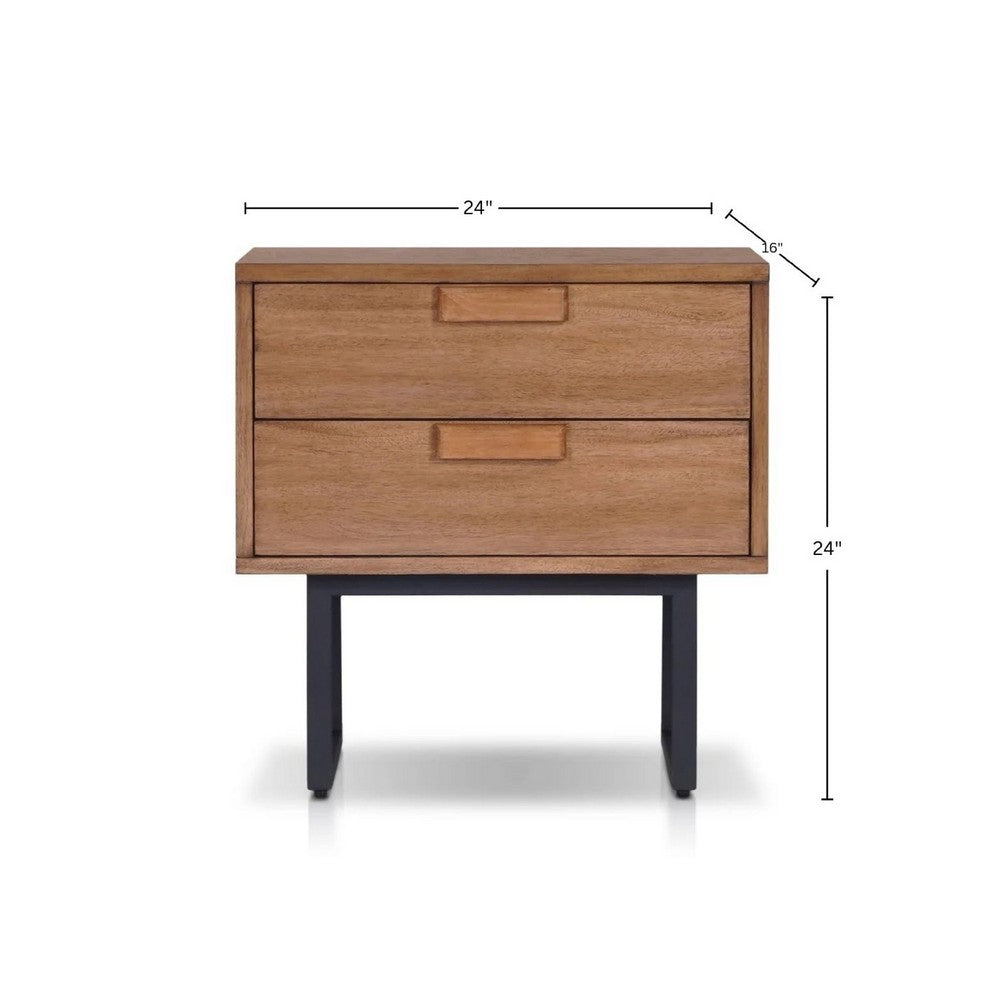 Benjara Pio Bedside Nightstand, 2 Drawers, Chestnut Brown, Gray Metal Legs