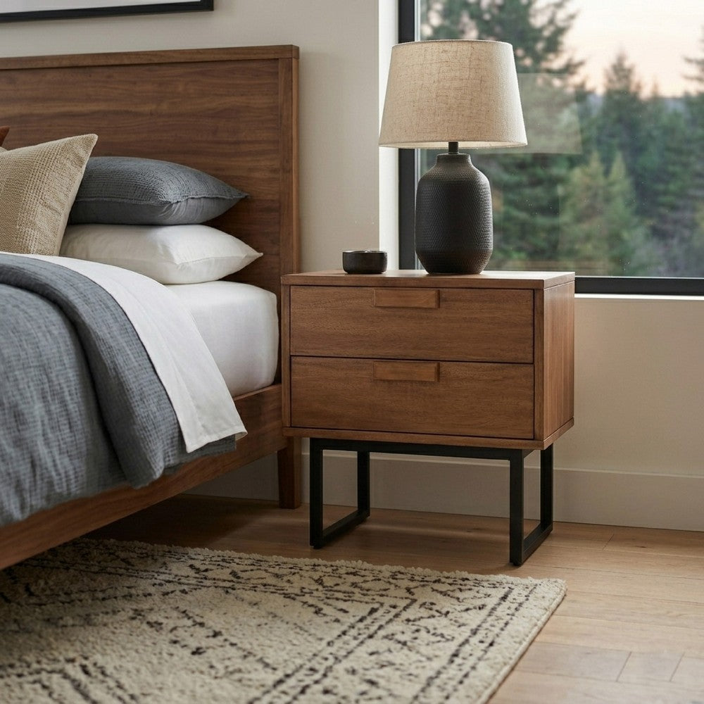 Benjara Pio Bedside Nightstand, 2 Drawers, Chestnut Brown, Gray Metal Legs