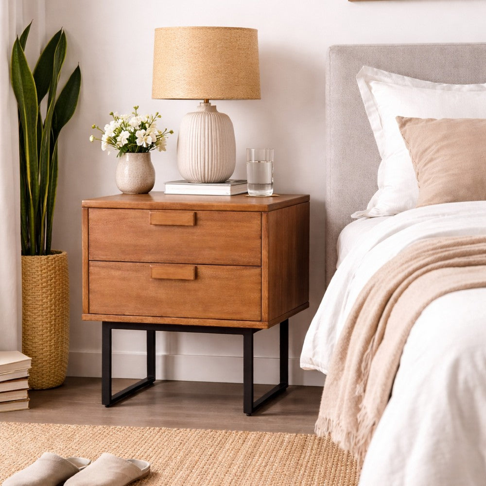 Benjara Pio Bedside Nightstand, 2 Drawers, Chestnut Brown, Gray Metal Legs