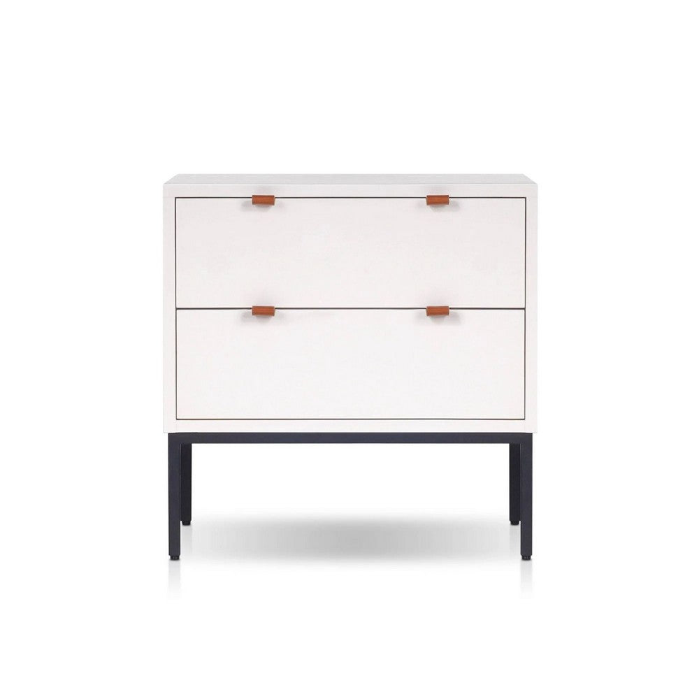 Benjara Lio Modern Nightstand with 2 Drawers, Gray Metal Legs, Glam White