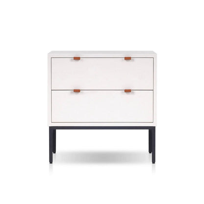 Benjara Lio Modern Nightstand with 2 Drawers, Gray Metal Legs, Glam White