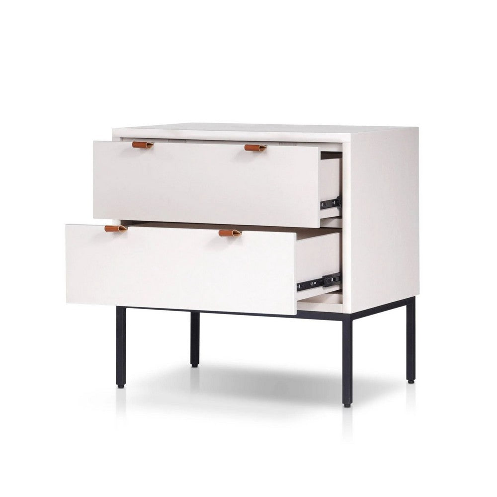 Benjara Lio Modern Nightstand with 2 Drawers, Gray Metal Legs, Glam White