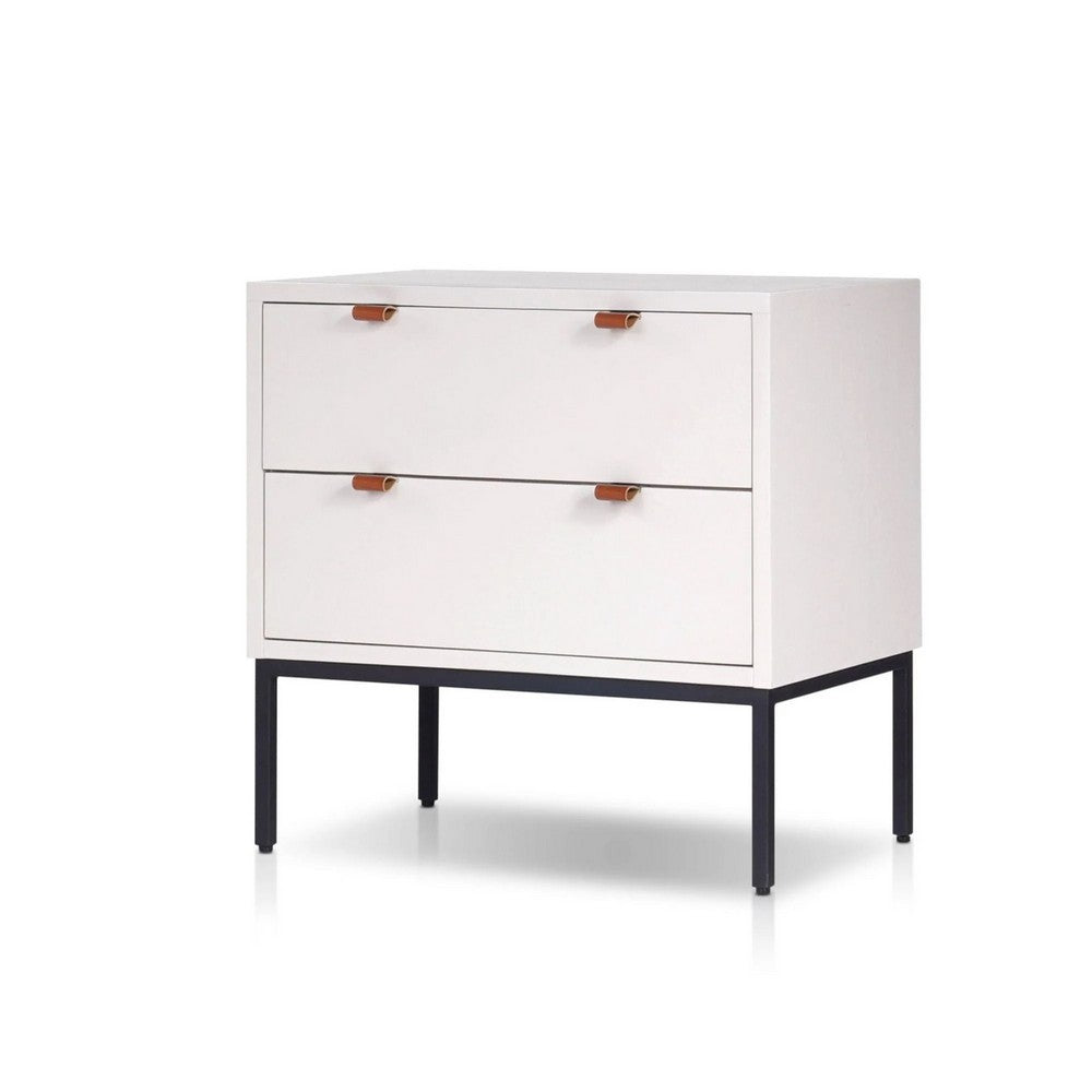 Benjara Lio Modern Nightstand with 2 Drawers, Gray Metal Legs, Glam White
