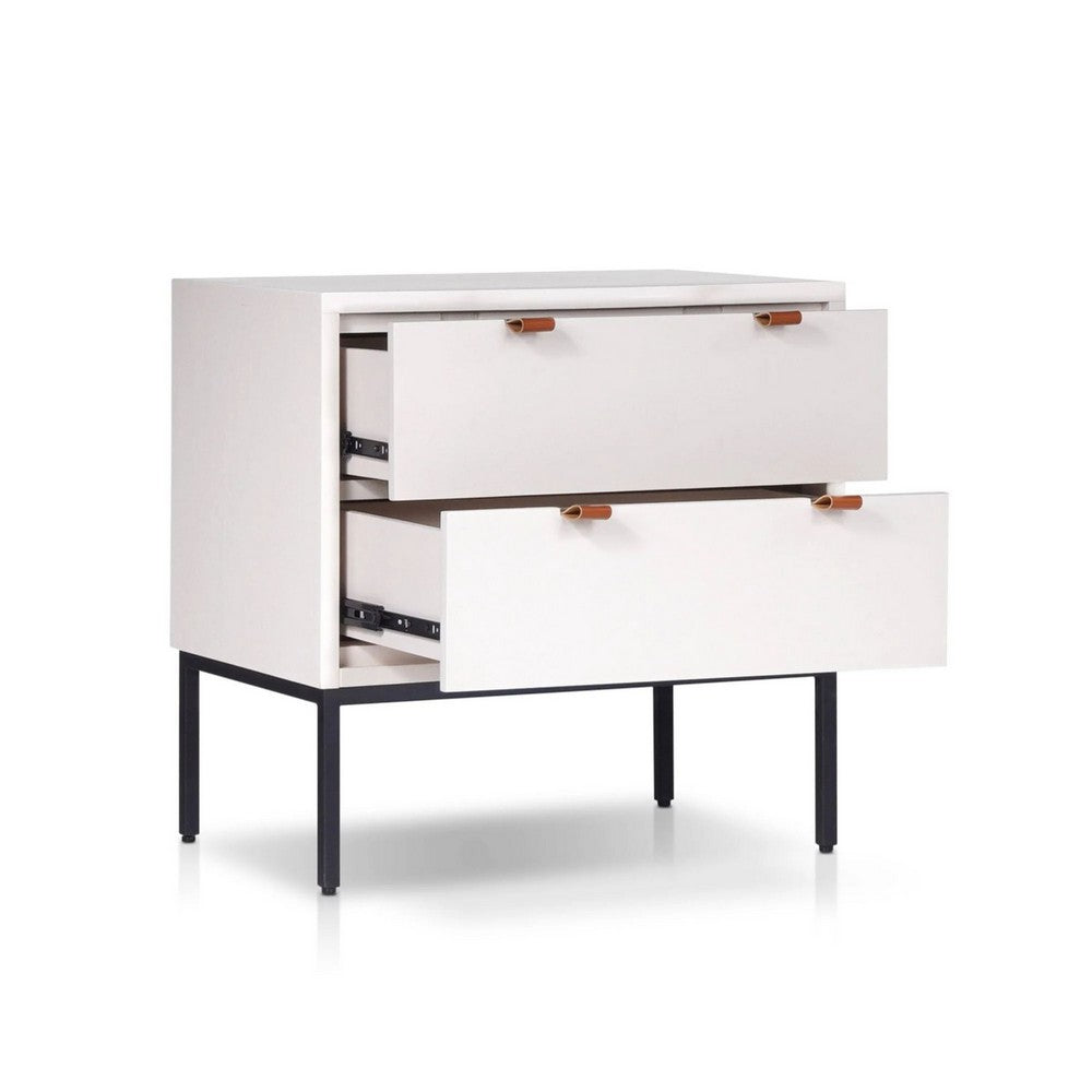 Benjara Lio Modern Nightstand with 2 Drawers, Gray Metal Legs, Glam White