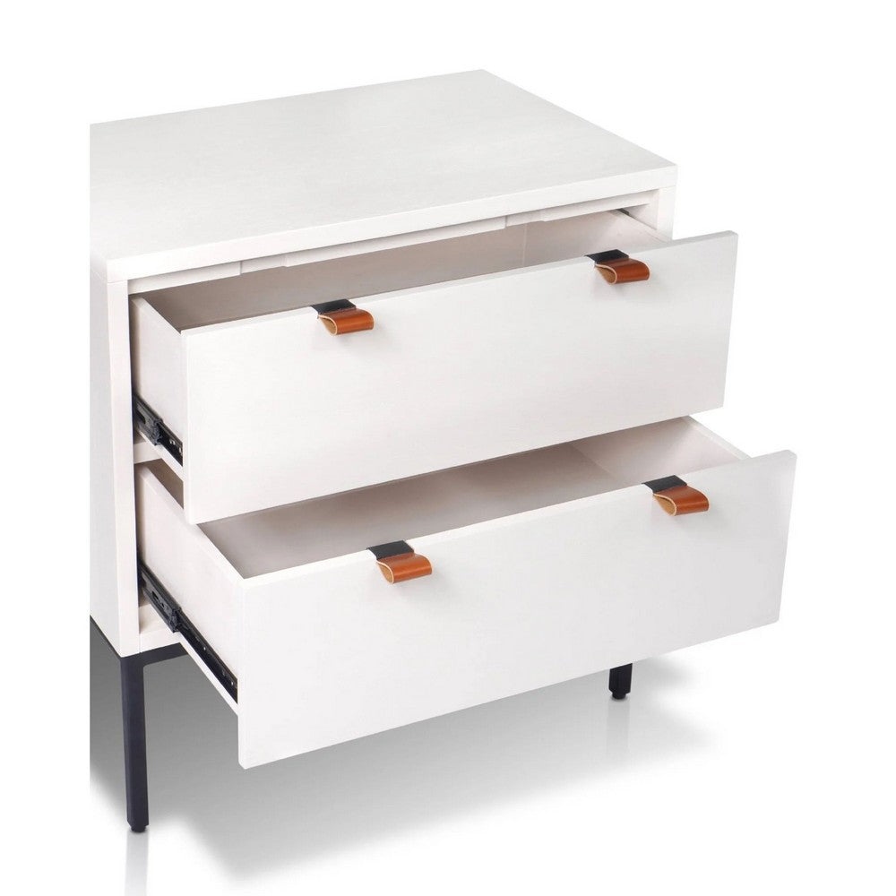 Benjara Lio Modern Nightstand with 2 Drawers, Gray Metal Legs, Glam White