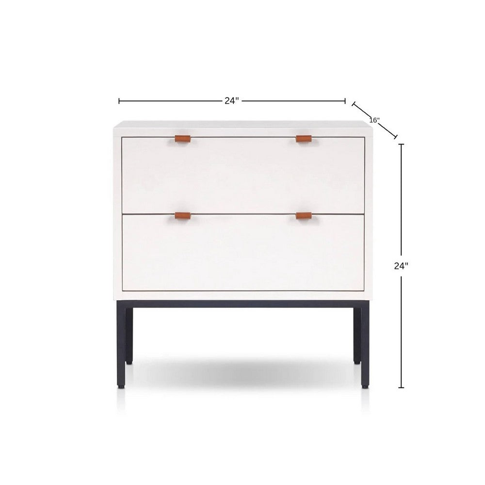 Benjara Lio Modern Nightstand with 2 Drawers, Gray Metal Legs, Glam White