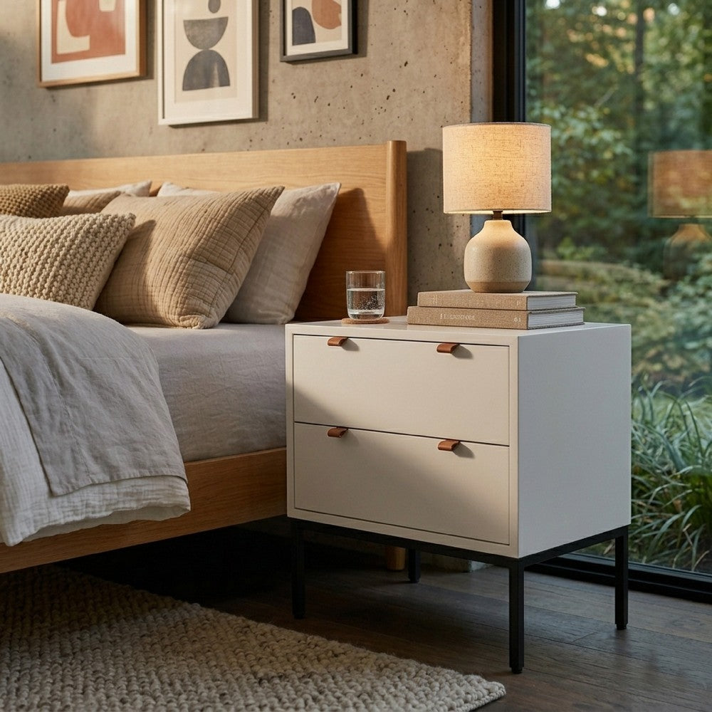 Benjara Lio Modern Nightstand with 2 Drawers, Gray Metal Legs, Glam White