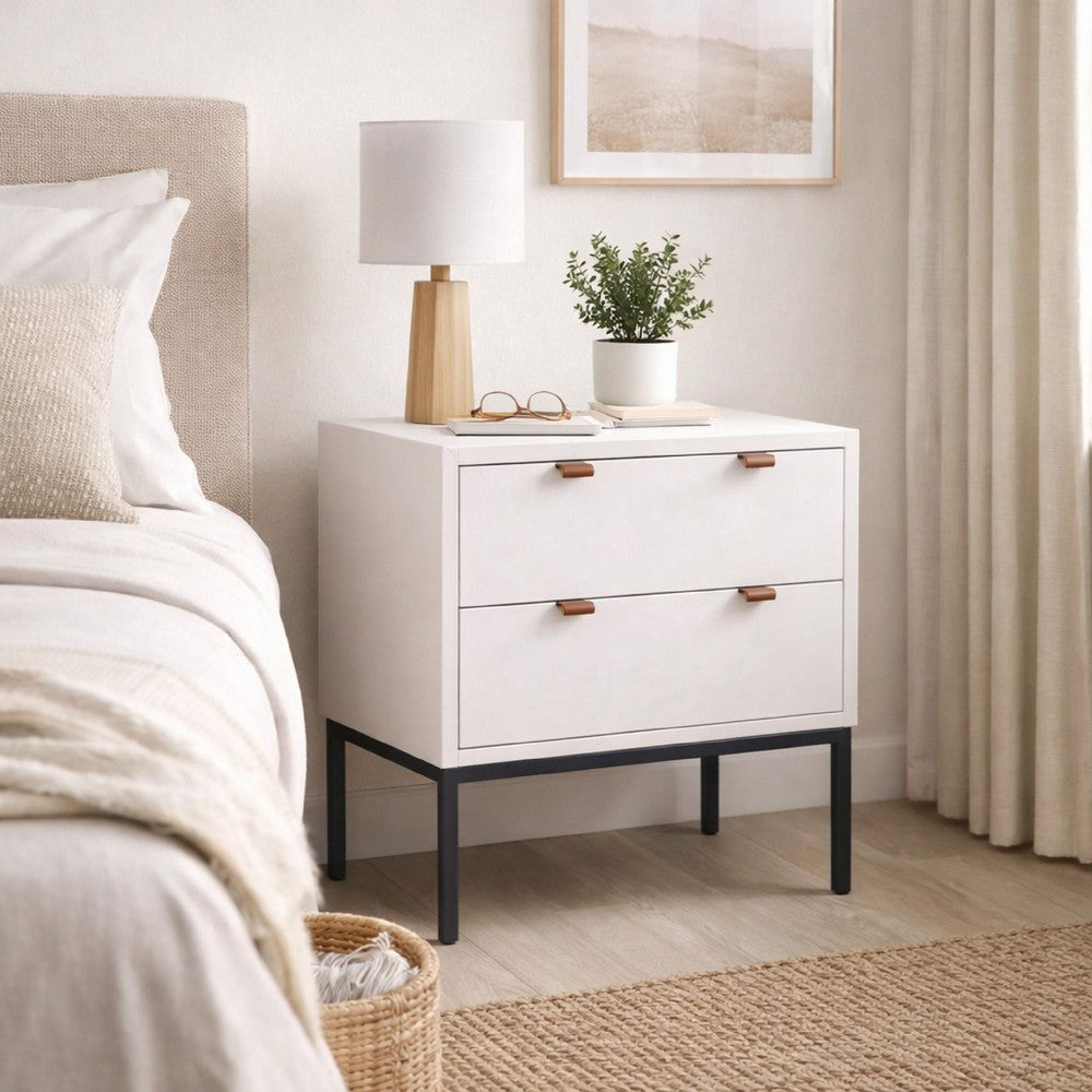 Benjara Lio Modern Nightstand with 2 Drawers, Gray Metal Legs, Glam White