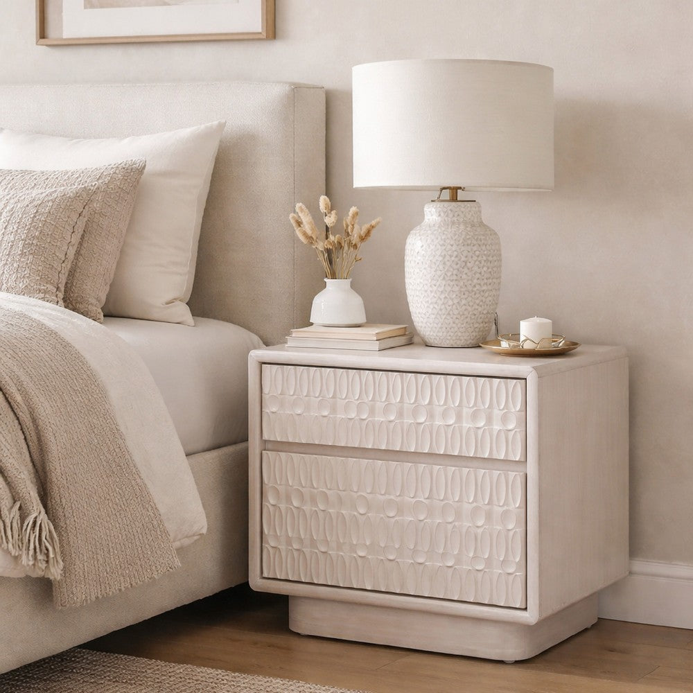 Benjara Lya Nightstand, 2 Soft Close Drawers, Contemporary Whitewash