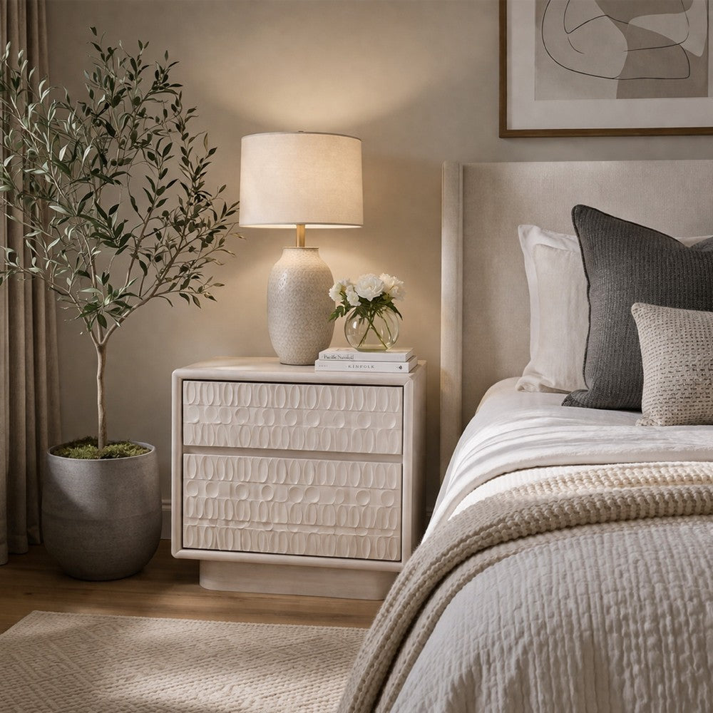 Benjara Lya Nightstand, 2 Soft Close Drawers, Contemporary Whitewash