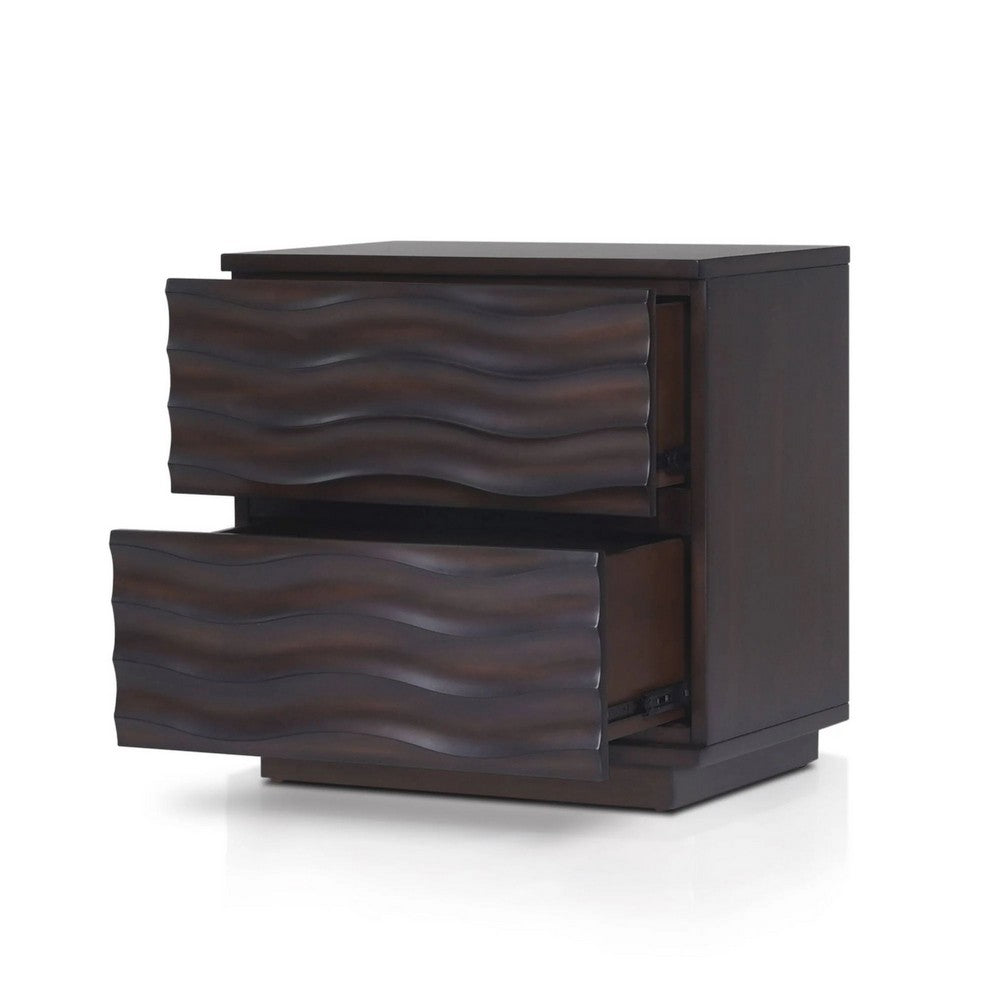 Benjara Roa Modern Nightstand, 2 Soft Closing Drawers, Antique Brown