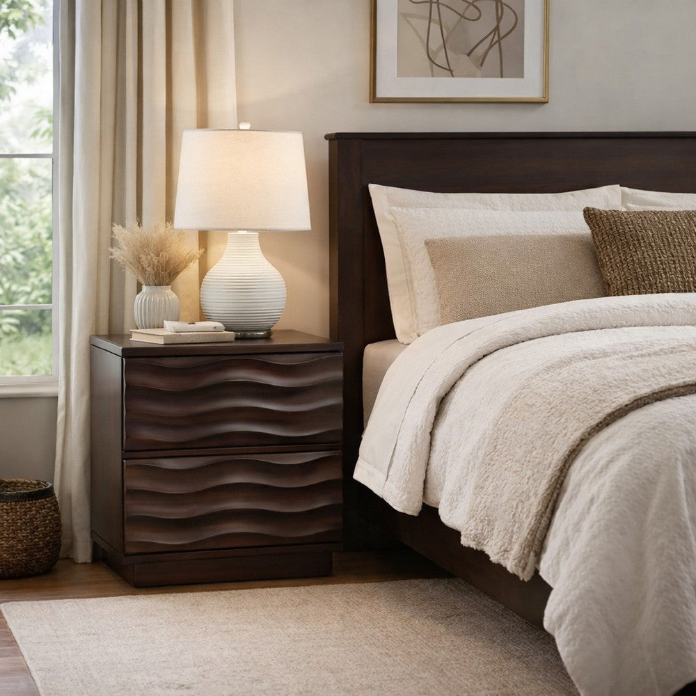 Benjara Roa Modern Nightstand, 2 Soft Closing Drawers, Antique Brown