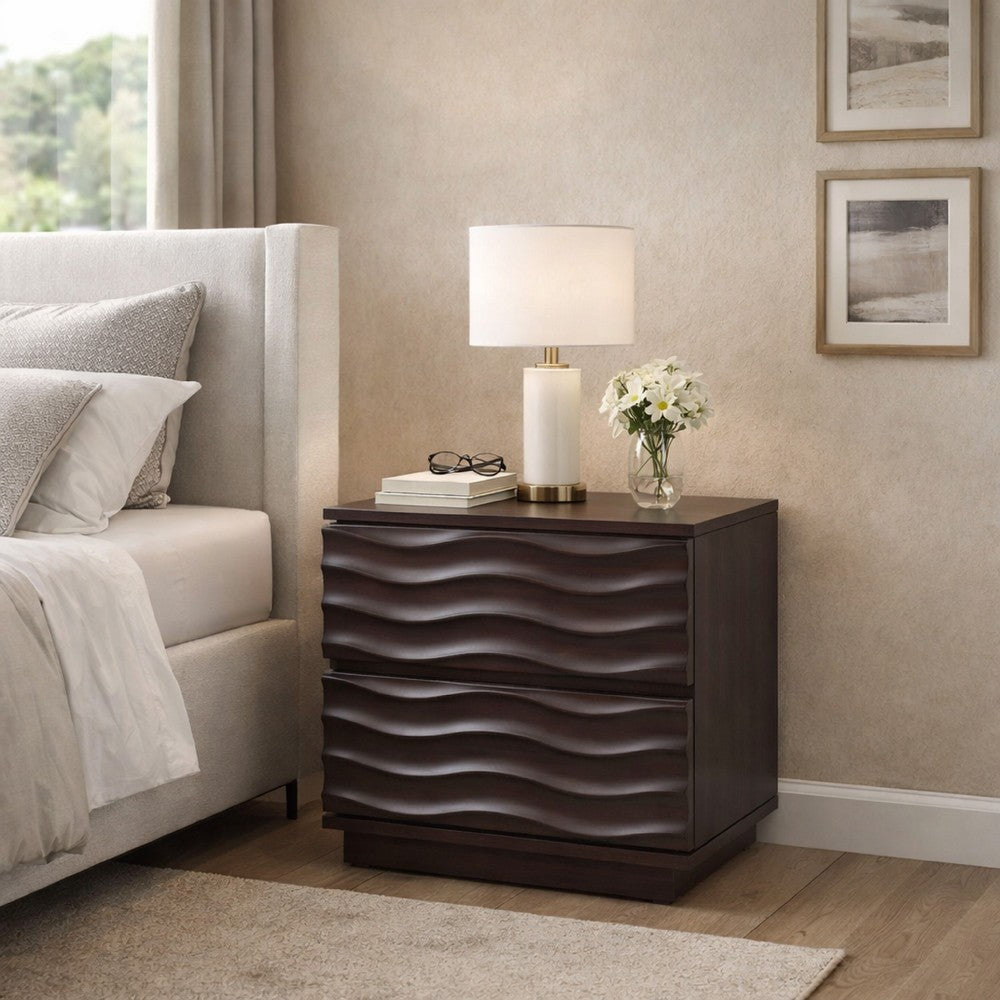 Benjara Roa Modern Nightstand, 2 Soft Closing Drawers, Antique Brown