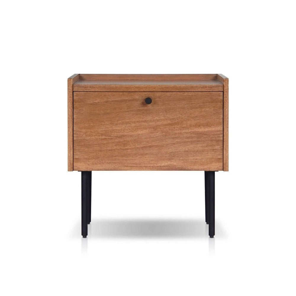Benjara Noah Nightstand with 1 Drawer, Black Metal Legs, Chestnut Brown