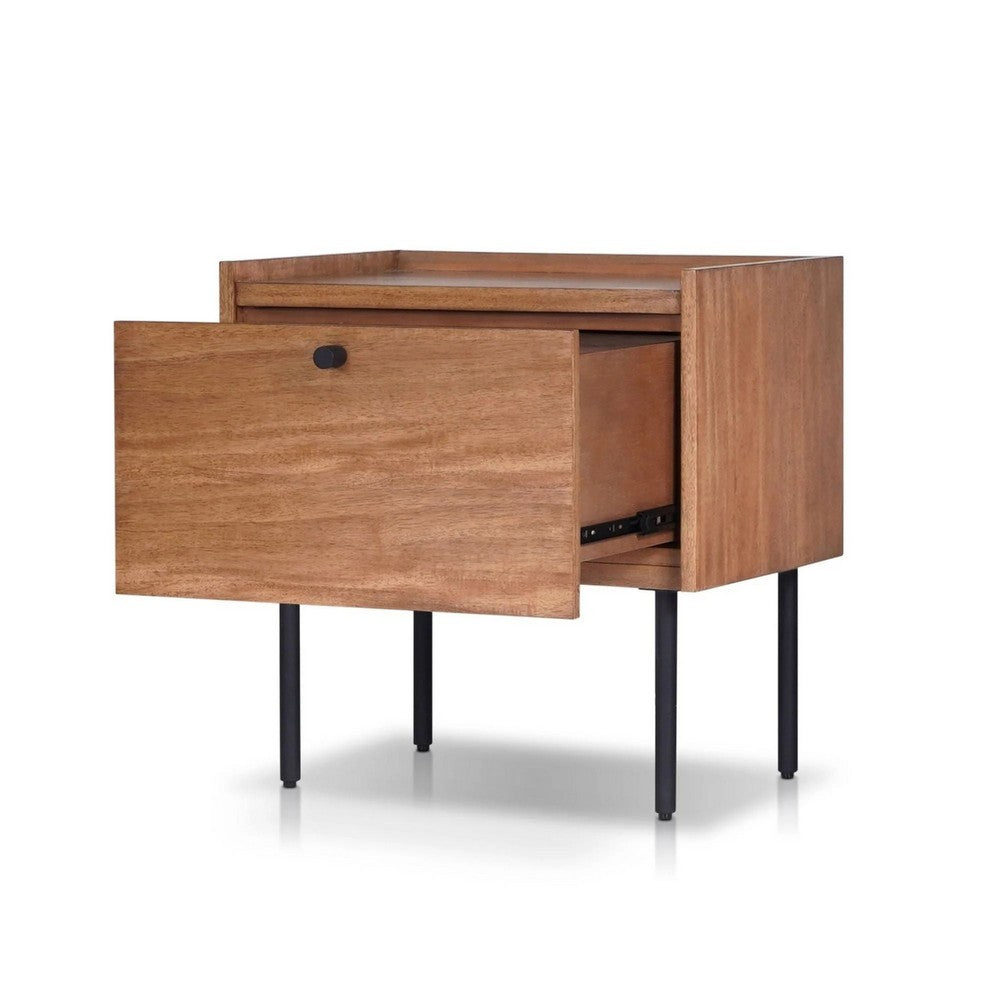 Benjara Noah Nightstand with 1 Drawer, Black Metal Legs, Chestnut Brown