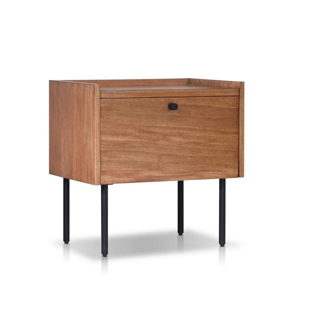 Benjara Noah Nightstand with 1 Drawer, Black Metal Legs, Chestnut Brown