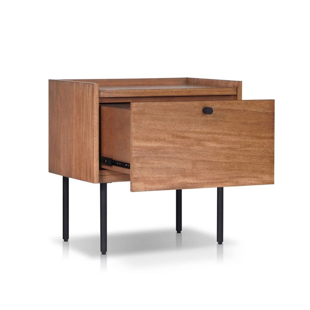 Benjara Noah Nightstand with 1 Drawer, Black Metal Legs, Chestnut Brown