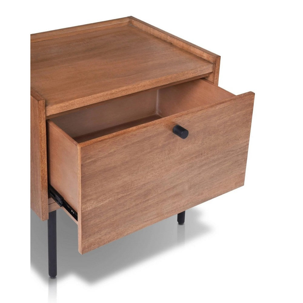 Benjara Noah Nightstand with 1 Drawer, Black Metal Legs, Chestnut Brown